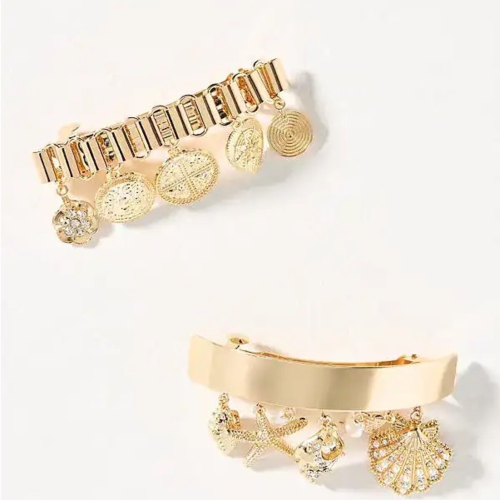Anthropologie Gold New Gold Hair Clips with Sea Charm Accents